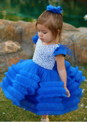 Royal Blue Pearl Rhinestone V Back Luxury Flower Girl Dress
